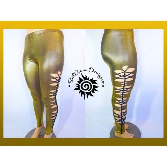 GOLDEN RADIANCE - 1XL/2XL - Leggings - Shimmering Gold w/ Stylish Side Cuts - Picture 2 of 7